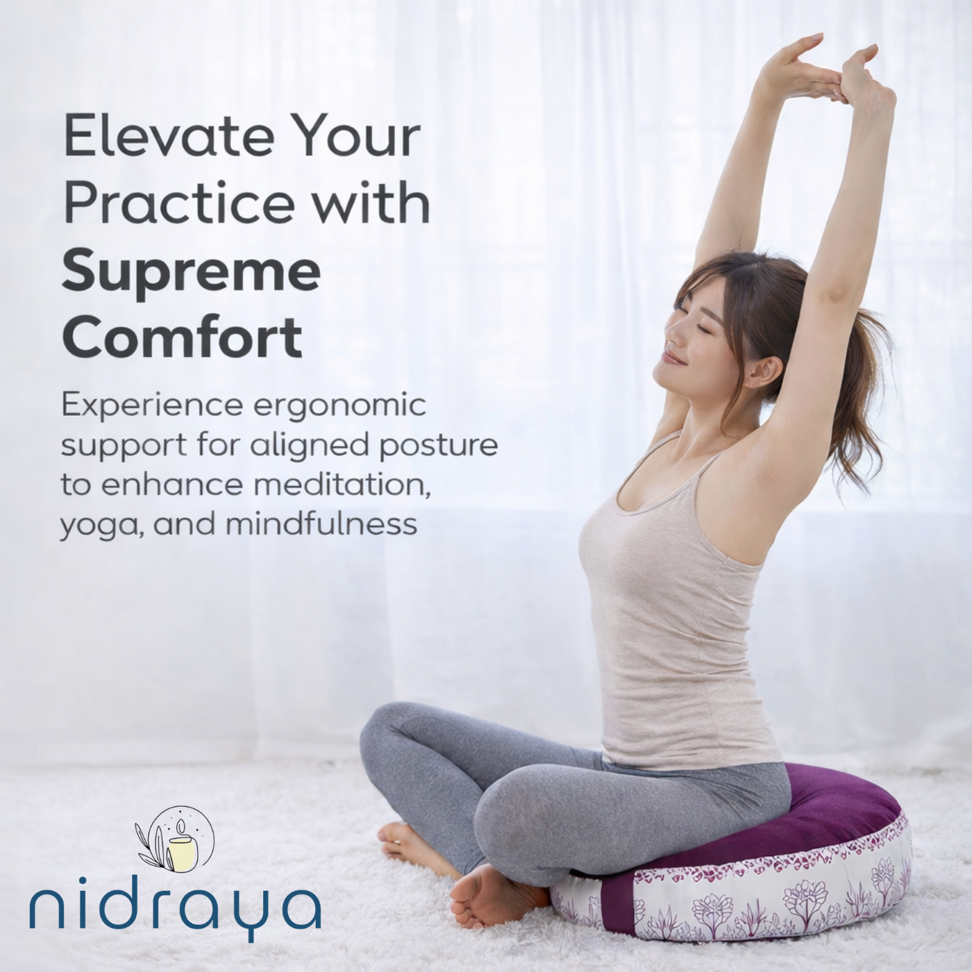 Nidraya Round Zafu Meditation Cushion Plain Filled with Buckwheat with Traditional Block Print (Lotus)