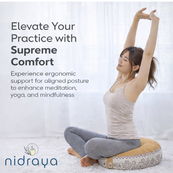 Nidraya Round Zafu Meditation Cushion Plain Filled with Buckwheat with Traditional Block Print (Tribal Ethnic)