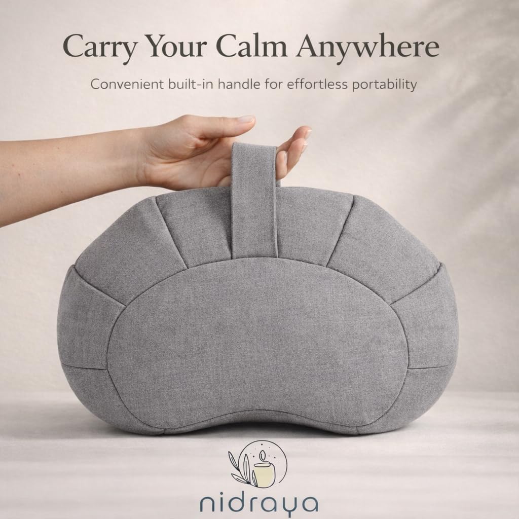 Zafu Meditation Cushion with Buckwheat Hull Fill, Crescent Zafu Cushion for Sitting on Floor, Adjustable Meditation Pillow Zafu for Yoga, Pilates, Vipassana & Pranayama (Ash Gray)