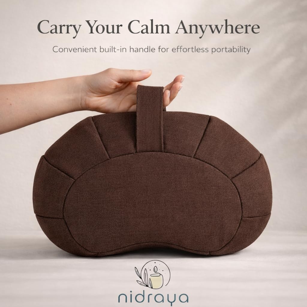 Zafu Meditation Cushion with Buckwheat Hull Fill, Crescent Zafu Cushion for Sitting on Floor, Adjustable Meditation Pillow Zafu for Yoga, Pilates, Vipassana & Pranayama (Earthwood Brown)