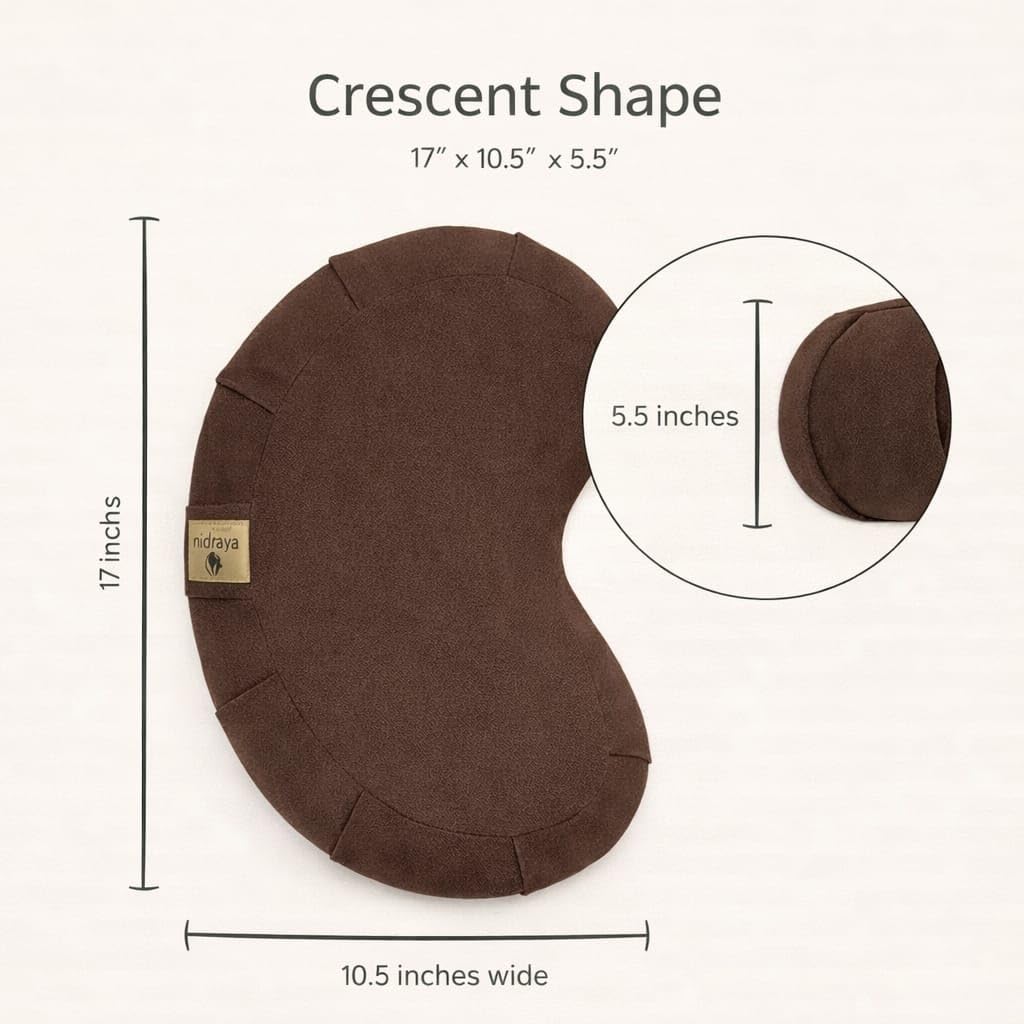 Zafu Meditation Cushion with Buckwheat Hull Fill, Crescent Zafu Cushion for Sitting on Floor, Adjustable Meditation Pillow Zafu for Yoga, Pilates, Vipassana & Pranayama (Earthwood Brown)