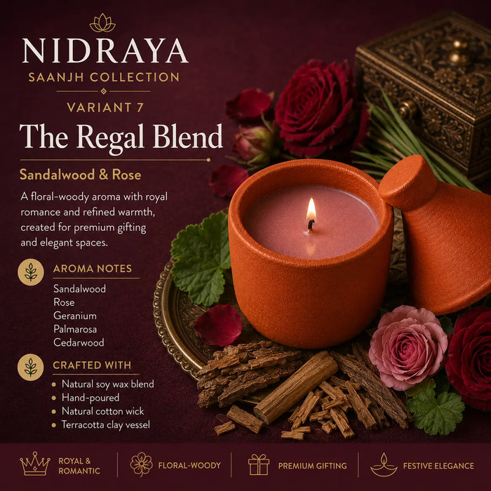 NIDRAYA Saanjh Collection The Regal Blend Aroma Candle | Sandalwood & Rose | Hand-Poured Soy Wax Blend in Terracotta Clay Pot Nidraya
