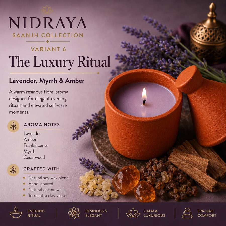 NIDRAYA Saanjh Collection The Luxury Ritual Aroma Candle | Lavender, Myrrh & Amber | Hand-Poured Soy Wax Blend in Terracotta Clay Pot Nidraya