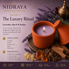 NIDRAYA Saanjh Collection The Luxury Ritual Aroma Candle | Lavender, Myrrh & Amber | Hand-Poured Soy Wax Blend in Terracotta Clay Pot