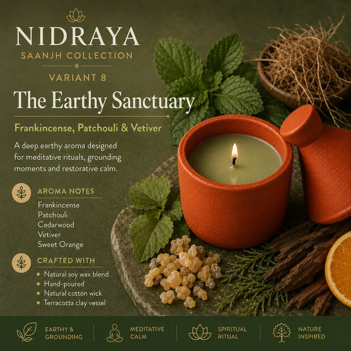 NIDRAYA Saanjh Collection The Earthy Sanctuary Aroma Candle | Frankincense, Patchouli & Vetiver | Hand-Poured Soy Wax Blend in Terracotta Clay Pot Nidraya