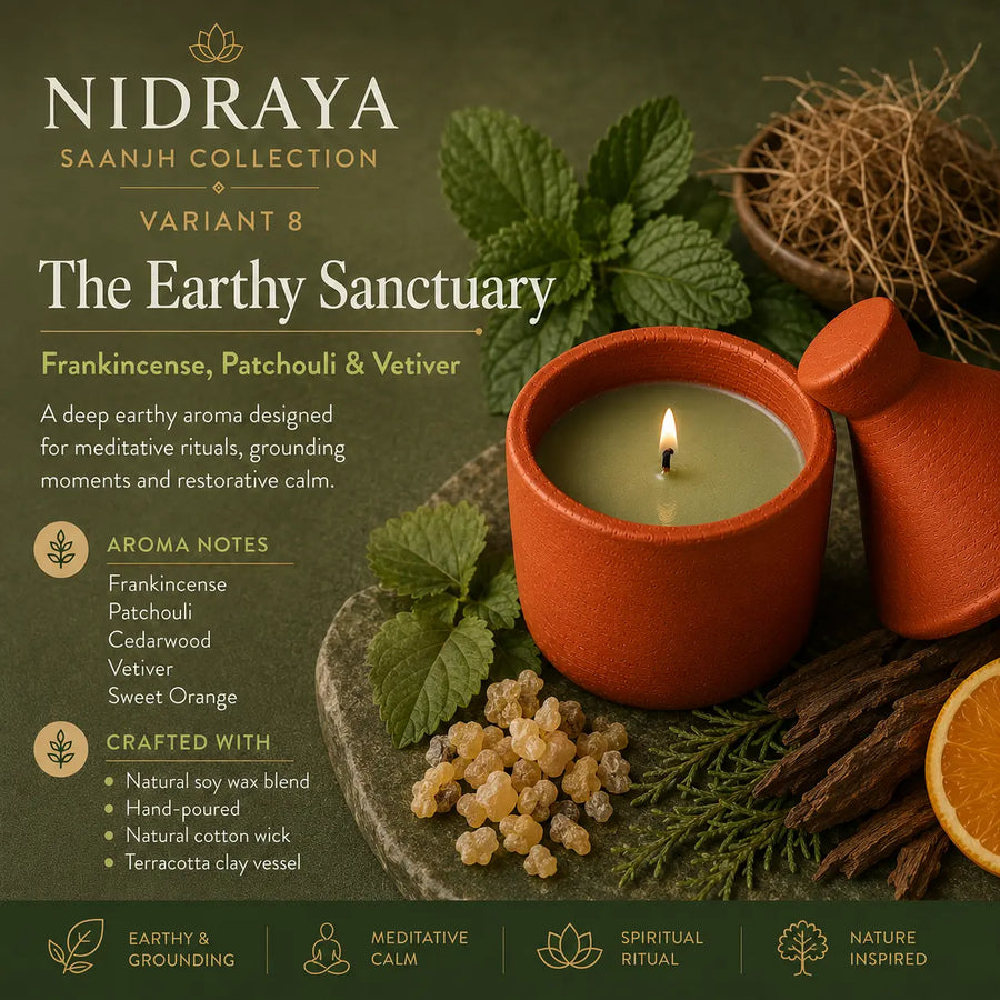 NIDRAYA Saanjh Collection The Earthy Sanctuary Aroma Candle | Frankincense, Patchouli & Vetiver | Hand-Poured Soy Wax Blend in Terracotta Clay Pot Nidraya