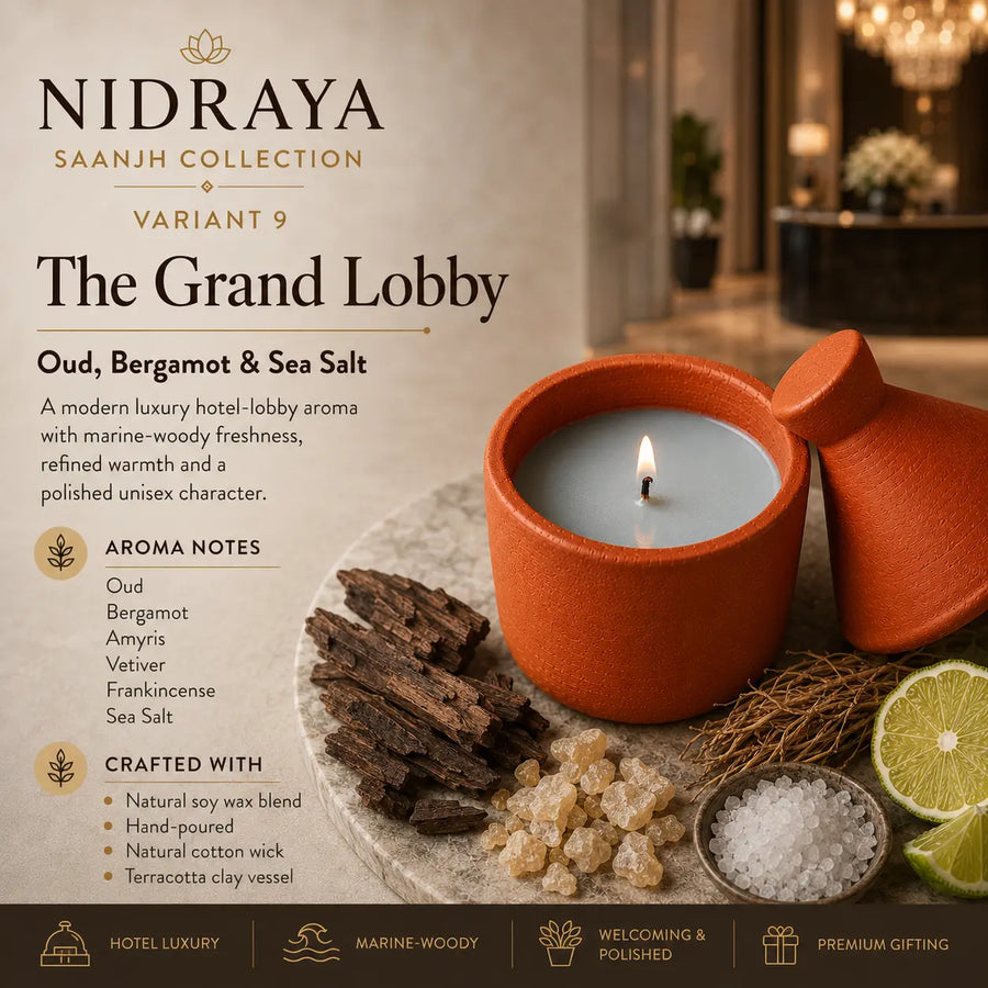 NIDRAYA Saanjh Collection The Grand Lobby Aroma Candle | Oud, Bergamot & Sea Salt | Hand-Poured Soy Wax Blend in Terracotta Clay Pot Nidraya