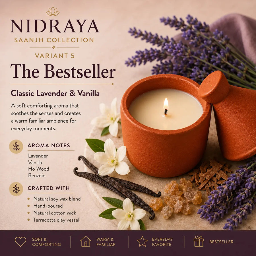 NIDRAYA Saanjh Collection The Bestseller Aroma Candle | Classic Lavender & Vanilla | Hand-Poured Soy Wax Blend in Terracotta Clay Pot Nidraya