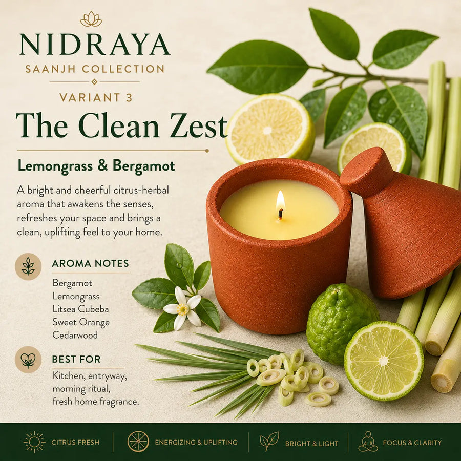 NIDRAYA Saanjh Collection The Clean Zest Aroma Candle | Lemongrass & Bergamot | Hand-Poured Soy Wax Blend in Terracotta Clay Pot Nidraya