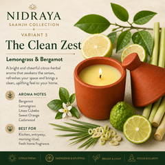 NIDRAYA Saanjh Collection The Clean Zest Aroma Candle | Lemongrass & Bergamot | Hand-Poured Soy Wax Blend in Terracotta Clay Pot