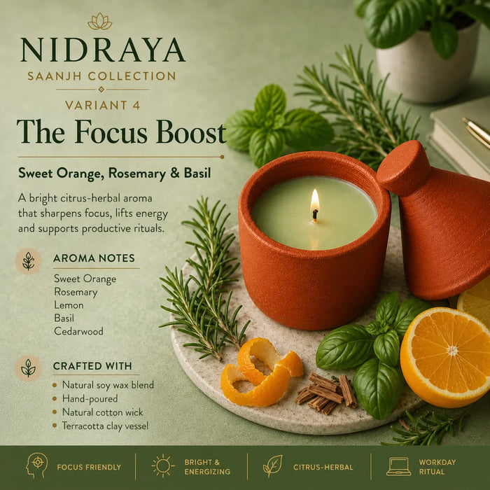 NIDRAYA Saanjh Collection The Focus Boost Aroma Candle | Sweet Orange, Rosemary & Basil | Hand-Poured Soy Wax Blend in Terracotta Clay Pot Nidraya