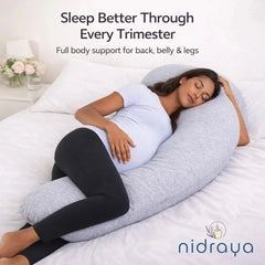 J Shaped Pregnancy Pillow for Side Sleeping | Maternity Body Pillow with Jersey Cover for Head Neck and Belly Support (Grey) (J-Shape) Nidraya