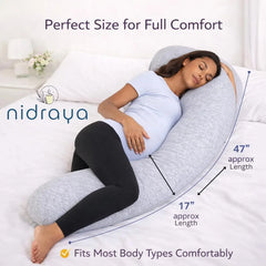 J Shaped Pregnancy Pillow for Side Sleeping | Maternity Body Pillow with Jersey Cover for Head Neck and Belly Support (Grey) (J-Shape) Nidraya