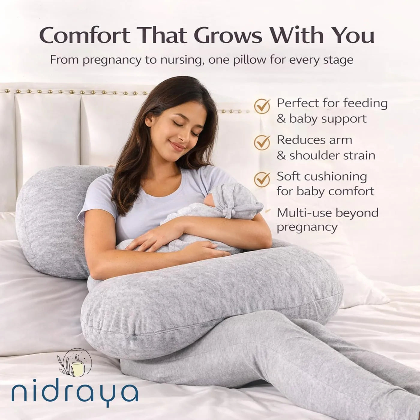 J Shaped Pregnancy Pillow for Side Sleeping | Maternity Body Pillow with Jersey Cover for Head Neck and Belly Support (Grey) (J-Shape)