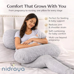 J Shaped Pregnancy Pillow for Side Sleeping | Maternity Body Pillow with Jersey Cover for Head Neck and Belly Support (Grey) (J-Shape) Nidraya