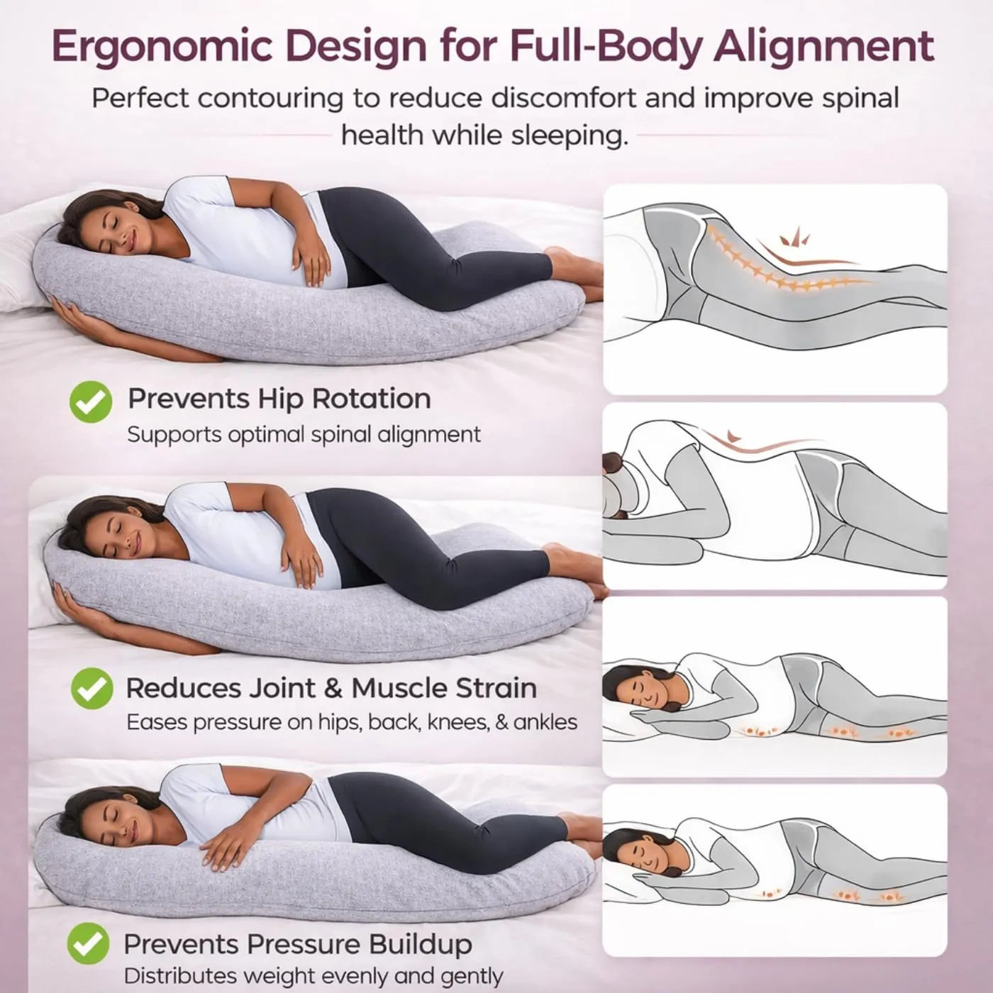 J Shaped Pregnancy Pillow for Side Sleeping | Maternity Body Pillow with Jersey Cover for Head Neck and Belly Support (Grey) (J-Shape)