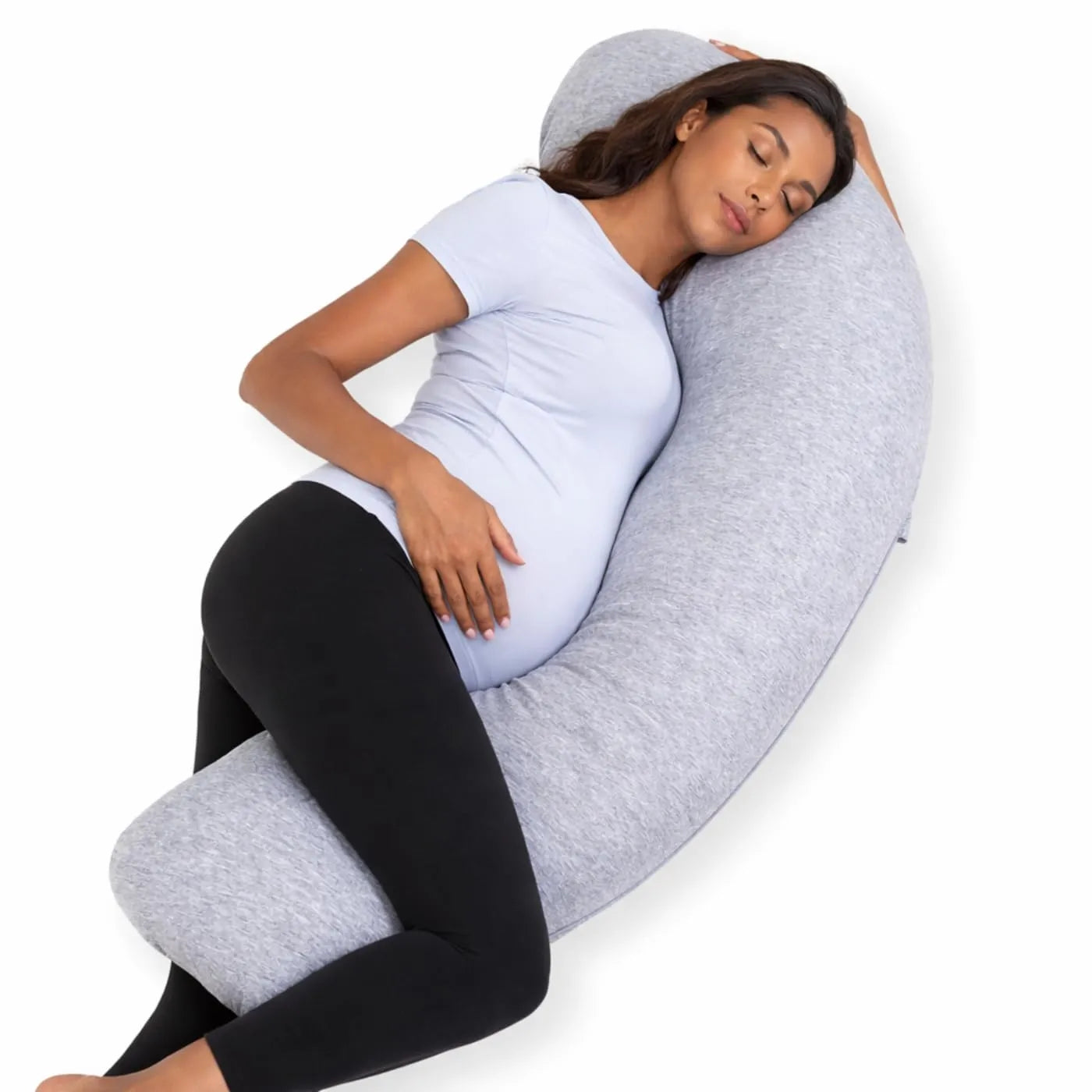 J Shaped Pregnancy Pillow for Side Sleeping | Maternity Body Pillow with Jersey Cover for Head Neck and Belly Support (Grey) (J-Shape)