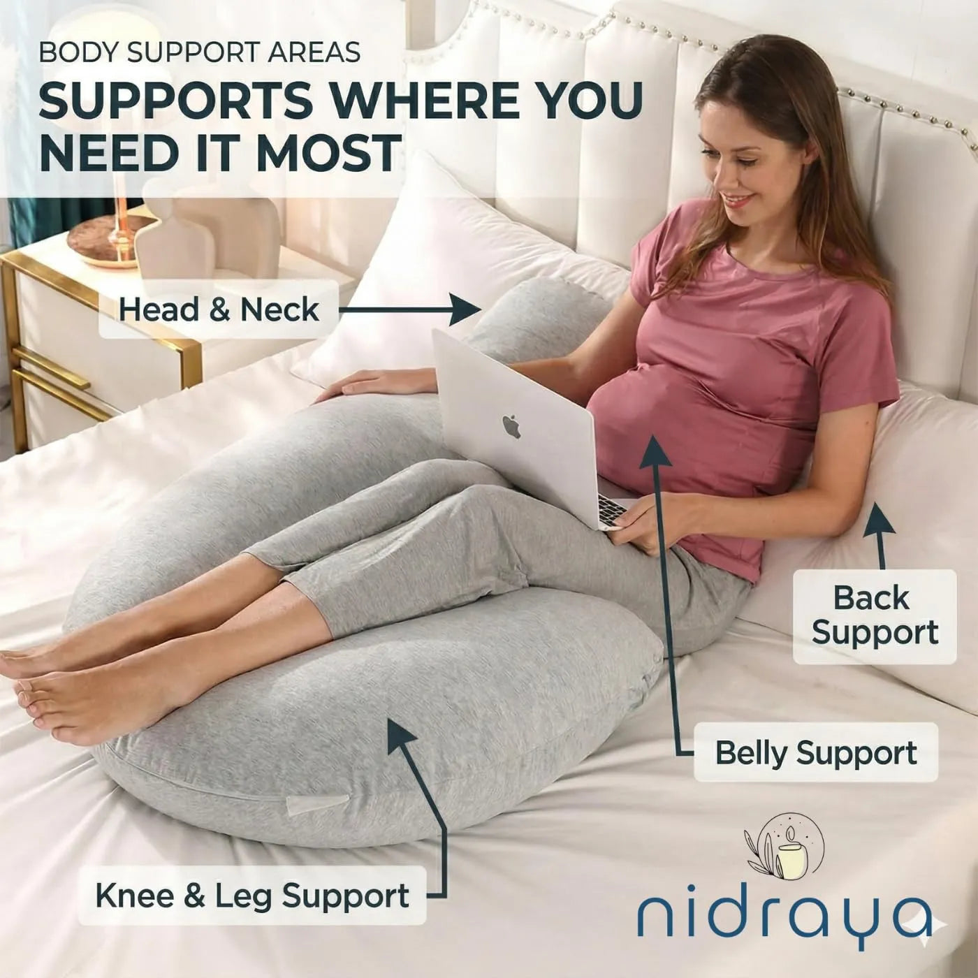 J Shaped Pregnancy Pillow for Side Sleeping | Maternity Body Pillow with Jersey Cover for Head Neck and Belly Support (Grey) (J-Shape)