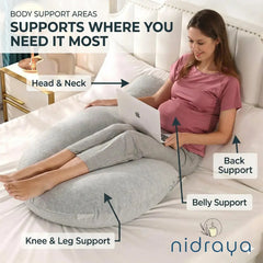 J Shaped Pregnancy Pillow for Side Sleeping | Maternity Body Pillow with Jersey Cover for Head Neck and Belly Support (Grey) (J-Shape) Nidraya