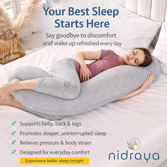 J Shaped Pregnancy Pillow for Side Sleeping | Maternity Body Pillow with Jersey Cover for Head Neck and Belly Support (Grey) (J-Shape) Nidraya