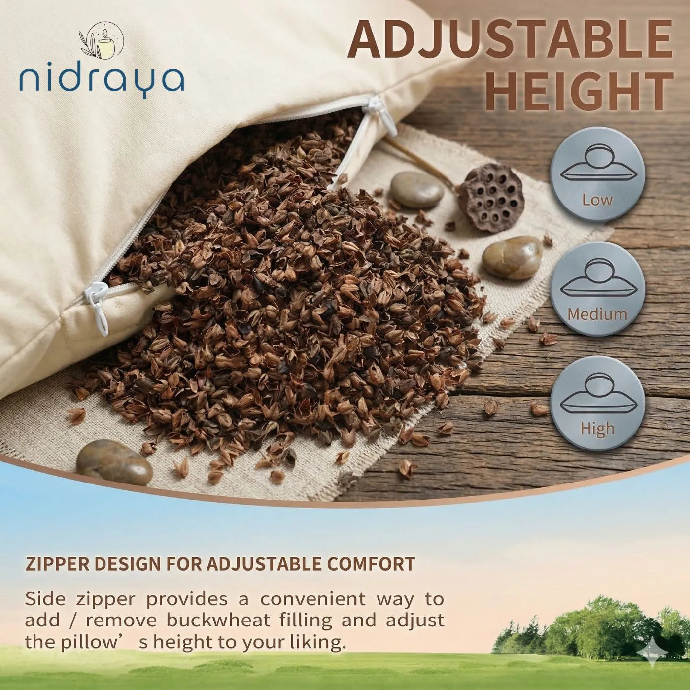 Natural Buckwheat Pillow for Sleeping with Organic Cotton Pillowcase | Adjustable Loft | Breathable for Cool Sleep | 20 x 26 in (Extra Large)