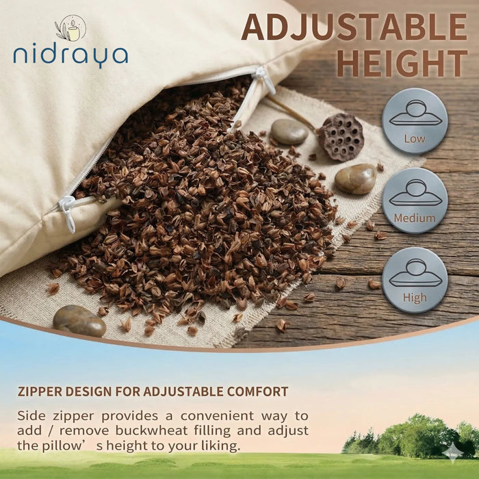 Natural Buckwheat Pillow for Sleeping with Organic Cotton Pillowcase | Adjustable Loft | Breathable for Cool Sleep | 14 x 20 in (Small)