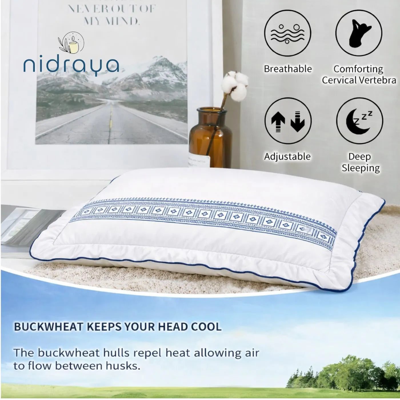 Natural Buckwheat Pillow for Sleeping with Organic Cotton Pillowcase | Adjustable Loft | Breathable for Cool Sleep | 20 x 26 in (Extra Large)