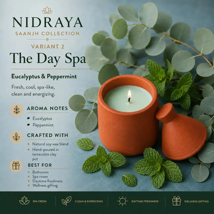 Nidraya Saanjh Collection The Day Spa Aroma Candle – Eucalyptus & Peppermint | Fresh Spa-Inspired Soy Wax Candle in Handcrafted Terracotta Pot | 150g Nidraya