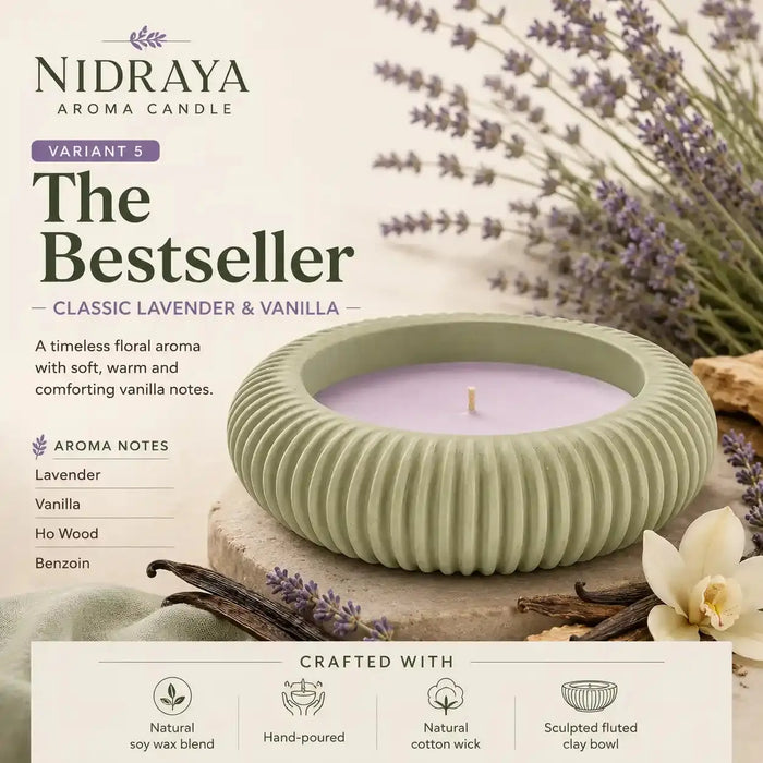 NIDRAYA Saanjh Collection The Bestseller Aroma Candle – Classic Lavender & Vanilla | Hand-Poured Soy Wax Blend Candle in Light Sage Green Sculpted Clay Bowl Nidraya
