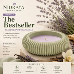NIDRAYA Saanjh Collection The Bestseller Aroma Candle – Classic Lavender & Vanilla | Hand-Poured Soy Wax Blend Candle in Light Sage Green Sculpted Clay Bowl