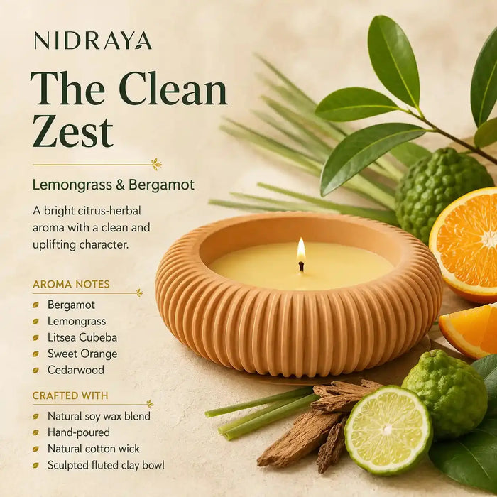NIDRAYA Saanjh Collection The Clean Zest Aroma Candle – Lemongrass & Bergamot | Hand-Poured Citrus Soy Wax Blend Candle in Sculpted Terracotta Clay Bowl Nidraya