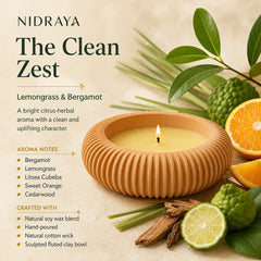 NIDRAYA Saanjh Collection The Clean Zest Aroma Candle – Lemongrass & Bergamot | Hand-Poured Citrus Soy Wax Blend Candle in Sculpted Terracotta Clay Bowl