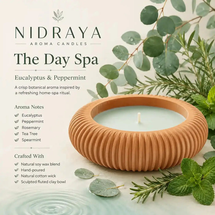 NIDRAYA Saanjh Collection The Day Spa Aroma Candle – Eucalyptus & Peppermint | Hand-Poured Soy Wax Blend Candle in Sculpted Clay Bowl Nidraya