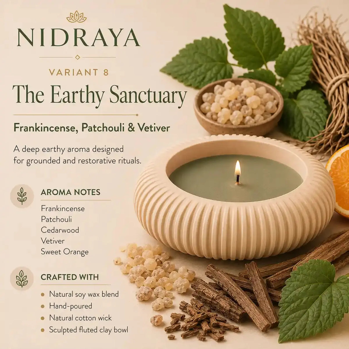 NIDRAYA Saanjh Collection The Earthy Sanctuary Aroma Candle – Frankincense, Patchouli & Vetiver | Hand-Poured Soy Wax Blend Candle in Warm Beige Sculpted Clay Bowl Nidraya