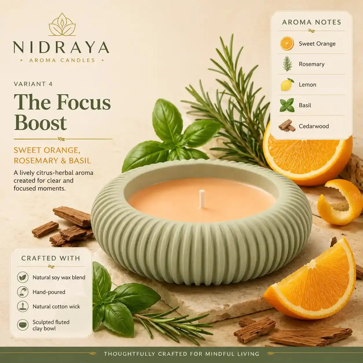 NIDRAYA Saanjh Collection The Focus Boost Aroma Candle – Sweet Orange, Rosemary & Basil | Hand-Poured Soy Wax Blend Candle in Sage Green Sculpted Clay Bowl Nidraya