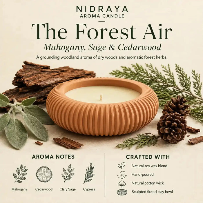 NIDRAYA Saanjh Collection The Forest Air Aroma Candle – Mahogany, Sage & Cedarwood | Hand-Poured Soy Wax Blend Candle with Cotton Wick in Sculpted Terracotta Clay Bowl Nidraya