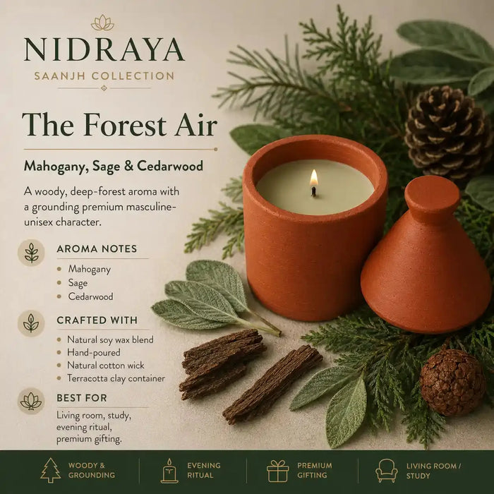 Nidraya The Forest Air Aroma Candle – Mahogany, Sage & Cedarwood | Woody, Grounding Soy Wax Candle in Handcrafted Terracotta Pot | 150g Nidraya