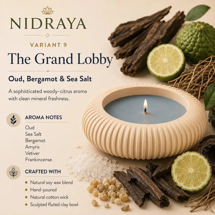 NIDRAYA Saanjh Collection The Grand Lobby Aroma Candle – Oud, Bergamot & Sea Salt | Premium Hand-Poured Soy Wax Blend Candle in Warm Beige Sculpted Clay Bowl Nidraya