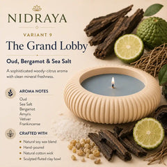 NIDRAYA Saanjh Collection The Grand Lobby Aroma Candle – Oud, Bergamot & Sea Salt | Premium Hand-Poured Soy Wax Blend Candle in Warm Beige Sculpted Clay Bowl