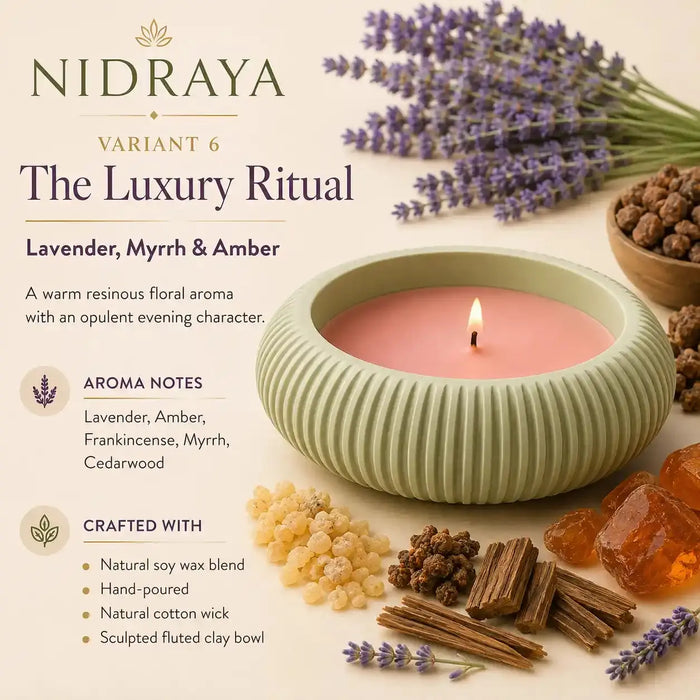 NIDRAYA Saanjh Collection The Luxury Ritual Aroma Candle – Lavender, Myrrh & Amber | Premium Hand-Poured Soy Wax Blend Candle in Sage Green Sculpted Clay Bowl Nidraya