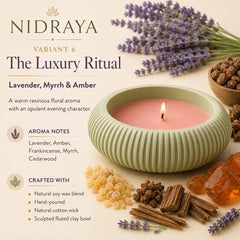 NIDRAYA Saanjh Collection The Luxury Ritual Aroma Candle – Lavender, Myrrh & Amber | Premium Hand-Poured Soy Wax Blend Candle in Sage Green Sculpted Clay Bowl