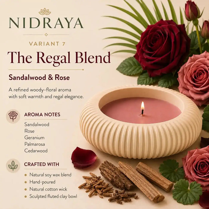 NIDRAYA Saanjh Collection The Regal Blend Aroma Candle – Sandalwood & Rose | Hand-Poured Soy Wax Blend Candle in Warm Beige Sculpted Clay Bowl Nidraya