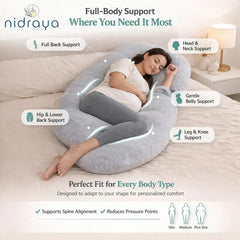 U Shaped Pregnancy Pillow for Side Sleeping | Maternity Body Pillow with Jersey Cover for Head Neck and Belly Support (Grey) (U-Shape) Nidraya