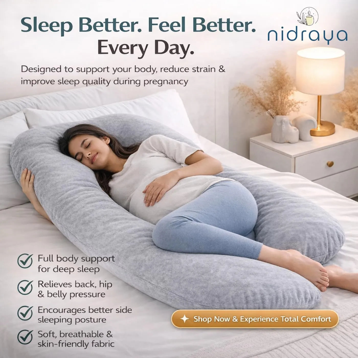 U Shaped Pregnancy Pillow for Side Sleeping | Maternity Body Pillow with Jersey Cover for Head Neck and Belly Support (Grey) (U-Shape)