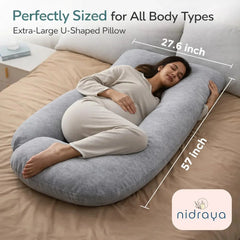 U Shaped Pregnancy Pillow for Side Sleeping | Maternity Body Pillow with Jersey Cover for Head Neck and Belly Support (Grey) (U-Shape) Nidraya