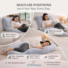 U Shaped Pregnancy Pillow for Side Sleeping | Maternity Body Pillow with Jersey Cover for Head Neck and Belly Support (Grey) (U-Shape) Nidraya