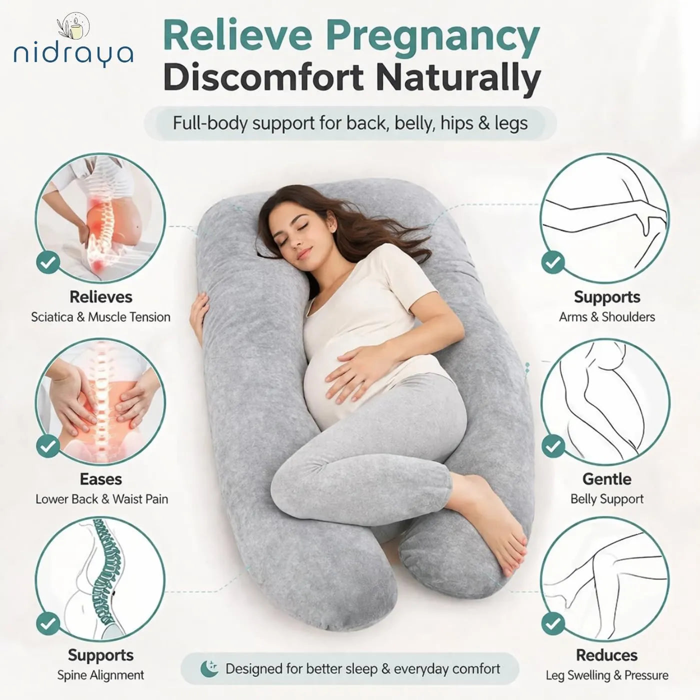 U Shaped Pregnancy Pillow for Side Sleeping | Maternity Body Pillow with Jersey Cover for Head Neck and Belly Support (Grey) (U-Shape)