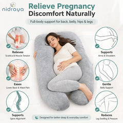 U Shaped Pregnancy Pillow for Side Sleeping | Maternity Body Pillow with Jersey Cover for Head Neck and Belly Support (Grey) (U-Shape) Nidraya