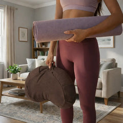 Nidraya Zafu Meditation Cushion With Buckwheat Hull Fill - Adjustable Yoga & Pilates Support Pillow - Crescent Cotton Cover With Handle (Earthwood Brown) Nidraya