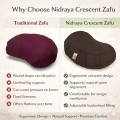 Nidraya Zafu Meditation Cushion With Buckwheat Hull Fill - Adjustable Yoga & Pilates Support Pillow - Crescent Cotton Cover With Handle (Earthwood Brown) Nidraya